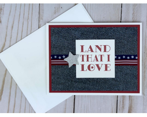 A patriotic greeting card made with denim patterned scrapbook paper, red cardstock, a stamped sentiment, a silver star and patriotic ribbon.